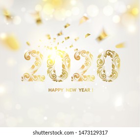 Happy new year card over gray background with golden confetti. Happy new year 2020. Holiday card. Template for your design. Vector illustration.