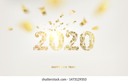 Happy new year card over gray background with golden confetti. Happy new year 2020. Holiday card. Template for your design. Vector illustration.