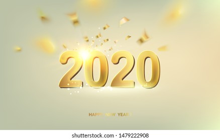 Happy new year card over gray background with golden confetti. Happy new year 2020. Holiday card. Template for your design. Vector illustration.