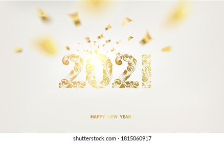 Happy new year card over gray background with golden confetti. Happy new year 2018. Holiday card. Template for your design. Vector illustration.