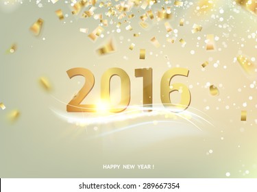 Happy new year card over gray background with golden sparks. Vector illustration.