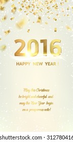 Happy new year card over gray background with golden sparks. Vector illustration.