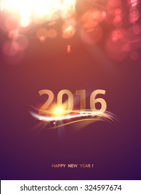 Happy new year card over gray background with fire bokeh. Happy new year 2016. Holiday card. Template for your design. Abstract fire bokeh. Holiday background colored red. Vector illustration.