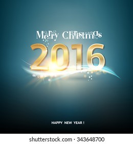 Happy new year card over blue background with golden spark. Vector illustration.