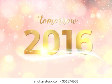 Happy new year card over pink background with golden bokeh. Vector illustration.