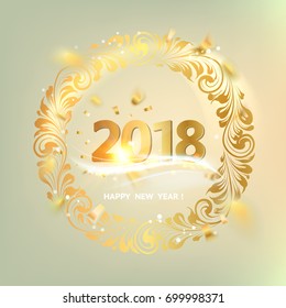 Happy new year card over gray background with golden sparks. Text sign 2018 year. Vector illustration.