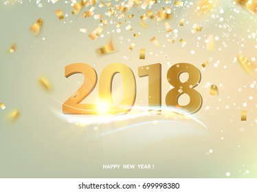 Happy new year card over gray background with golden confetti. Text sign 2018 year. Vector illustration.