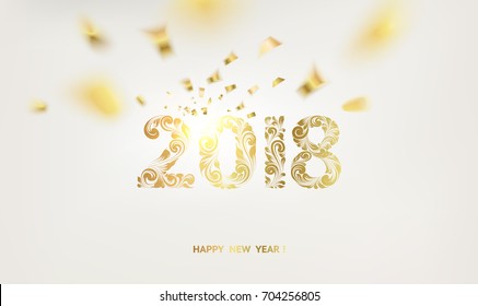 Happy new year card over gray background with golden confetti. Happy new year 2018. Holiday card. Template for your design. Vector illustration.