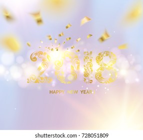 Happy new year card over gray background with golden sparks. Merry christmas 2018. Holiday card. Template for your design. Vector illustration.