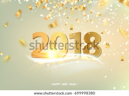 Happy new year card over gray background with golden confetti. Text sign 2018 year. Vector illustration.
