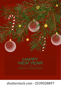 Glückliches Neues Jahr Karte mit Kiefernzweigen, Weihnachtsspielzeug und Bonbons auf rotem Hintergrund. Illustration der Neujahrsgrüße.