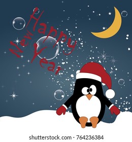 Happy New Year card with pinguin at the nigt