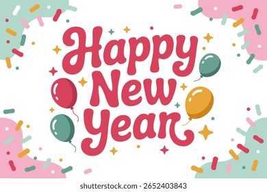 Happy new year card, pink and gold balloons, festive confetti, celebration greeting, modern vector, cheerful holiday illustration