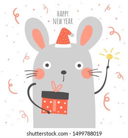 Happy new year card, postcard, poster with mouse, present, christmas hat, sparkler.