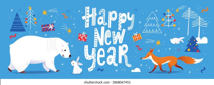 Happy New Year card, poster or banner social media cover with Nordic decorative lettering in Scandinavian style and cute animals characters. Cool decorative Christmas winter design in blue color