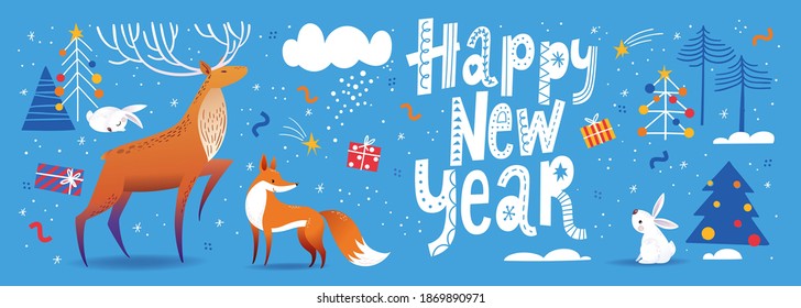 Happy New Year card, poster or banner social media cover with Nordic decorative lettering in Scandinavian style and cute deer, fox and rabbit characters. Decorative Christmas winter design in blue 