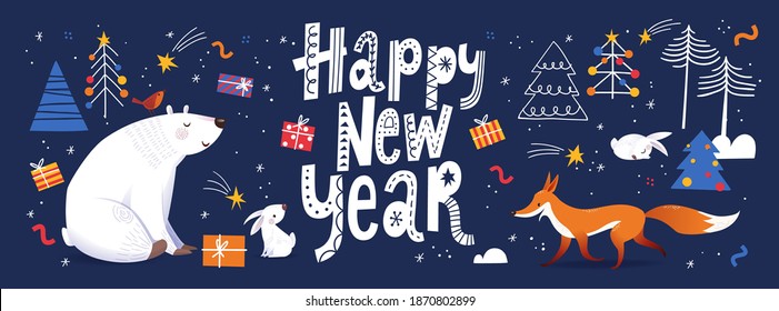 Happy New Year card, poster or banner social media cover with Nordic decorative lettering in scandic style and cute animals characters. Cool decorative Christmas winter design