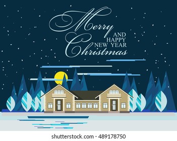 Happy New Year card or poster. Nature, winter landscape with Christmas trees, house, snow, night sky with moon. Vector illustration in flat style.