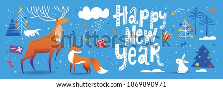Happy New Year card, poster or banner social media cover with Nordic decorative lettering in Scandinavian style and cute deer, fox and rabbit characters. Decorative Christmas winter design in blue 