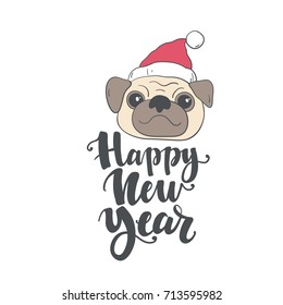 Happy new year card print with pug