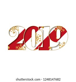 Happy new year card. Red striped number 2019, gold snowflake texture, isolated white background. Bright graphic design holiday celebration, greeting, Christmas banner decoration Vector illustration