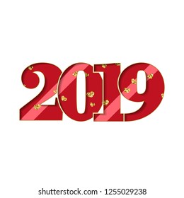 Happy new year card. Red number 2019 gold hearts diagonal stripe texture isolated white background. Bright graphic design holiday celebration, greeting, Christmas banner decoration Vector illustration