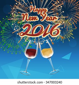 Happy New year card with red and white wine glasses on lots of fireworks in light blue background