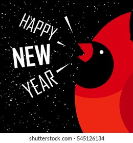 Happy New Year card. Red cardinal on black background with snow. Flat design. Vector