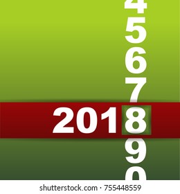 Happy New Year card with red rolling bar and 2018 year on green background.