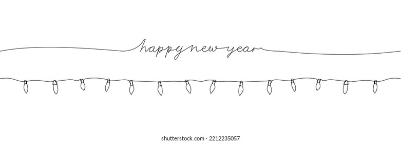 Happy New Year card and retro LED garland one line art  Continuous line drawing new year holidays  christmas  congratulations  weekend  greetings  festive atmosphere 