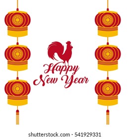 Happy new year card with rooster icon and chinese lanterns hanging over white background. colorful design. vector illustration