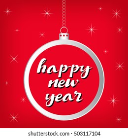 Happy New Year card round banner on red background. Greeting card template. Vector illustration.