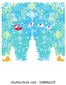 Happy New year card with Santa and winter landscape