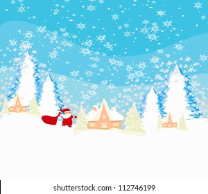  Happy New year card with Santa and winter landscape