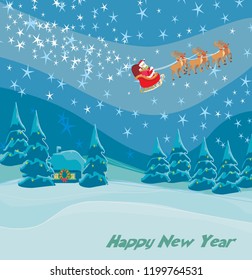 Happy New year card with Santa and winter landscape