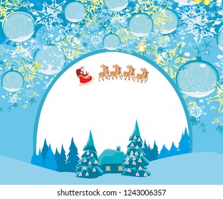 Happy New year card with Santa and winter landscape