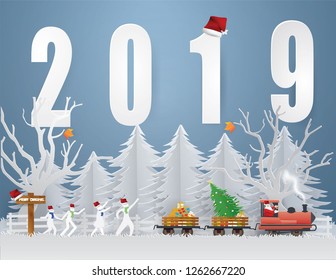 Happy new year card with Santa Claus driving Vintage Transportation Train carry Christmas tree and gift box and Children are running after in winter season on text 2019 background,paper craft style