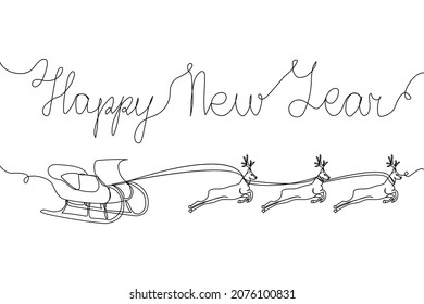 Happy New Year card with Santa s sleigh with Christmas reindeer one line art. Continuous line drawing of new year holidays, christmas, weekend, celebration.