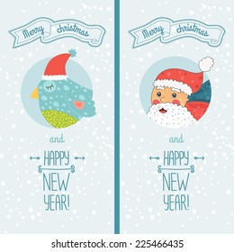 Happy new year card with santa claus and christmas cute bird. Vector illustration Merry christmas and Happy new year with snowflakes background