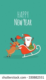 Happy New Year card. Santa Claus and Christmas deer. Vector illustration. Use for card, poster, banner, web design and print on t-shirt. Easy to edit. Vector illustration.