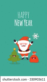 Happy New Year card. Santa Claus, Christmas tree and bag with gifts. Vector illustration