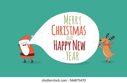 Happy New Year card. Santa Claus and Christmas deer. Vector illustration
