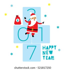 Happy New Year card with the Santa claus. Vector illustration. Santa Claus jumping on the 2017 numbers.