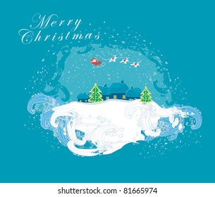 Happy New year card with Santa and winter landscape