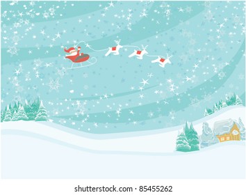 Happy New year card with Santa and winter landscape