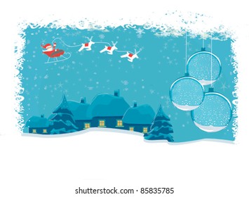 Happy New year card with Santa and winter landscape