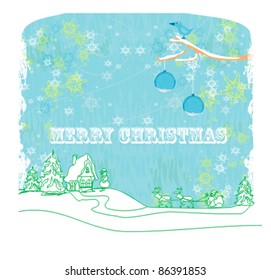 Happy New year card with Santa and winter landscape