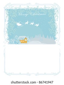 Happy New year card with Santa and winter landscape