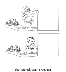 Happy New year card with Santa, snowman  and winter landscape
