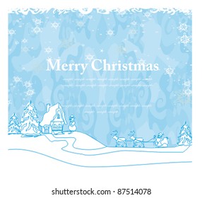 Happy New year card with Santa and winter landscape